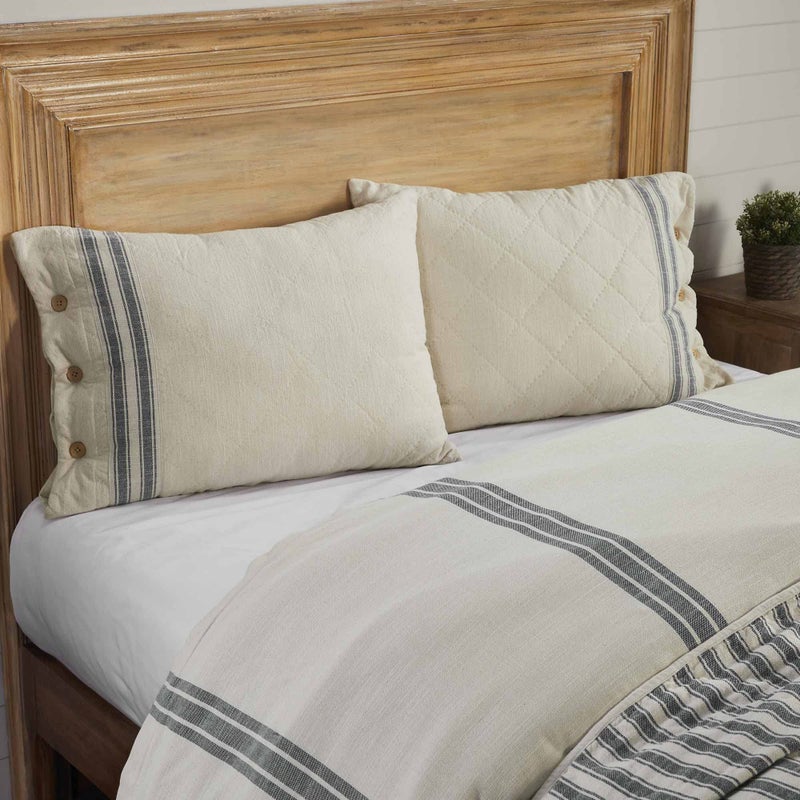 Piper Classics Market Place Gray Quilted King Pillow Sham, 21" L x 37" W, Cream w/Grain Sack Stripe & Button Details â€¦ - Image 2